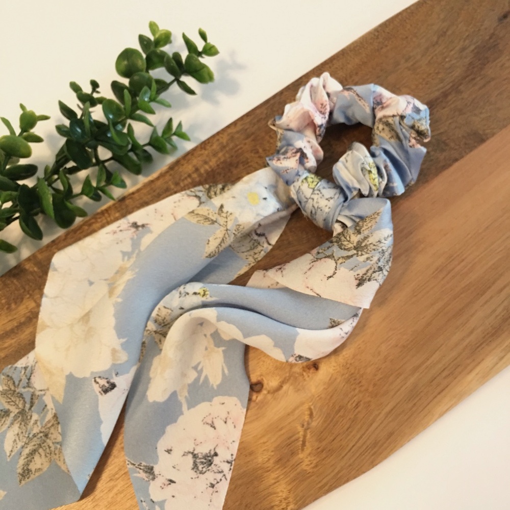 Blue Floral Satin Hair Scrunchie Scarf Bow